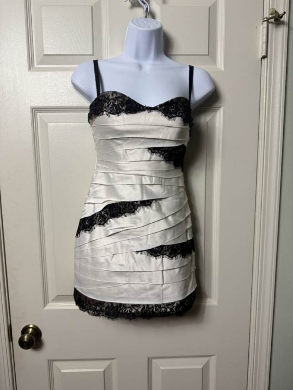 bebe Cream Pleated Satin Black Lace Trim Spaghetti Strap Mini Dress XXS